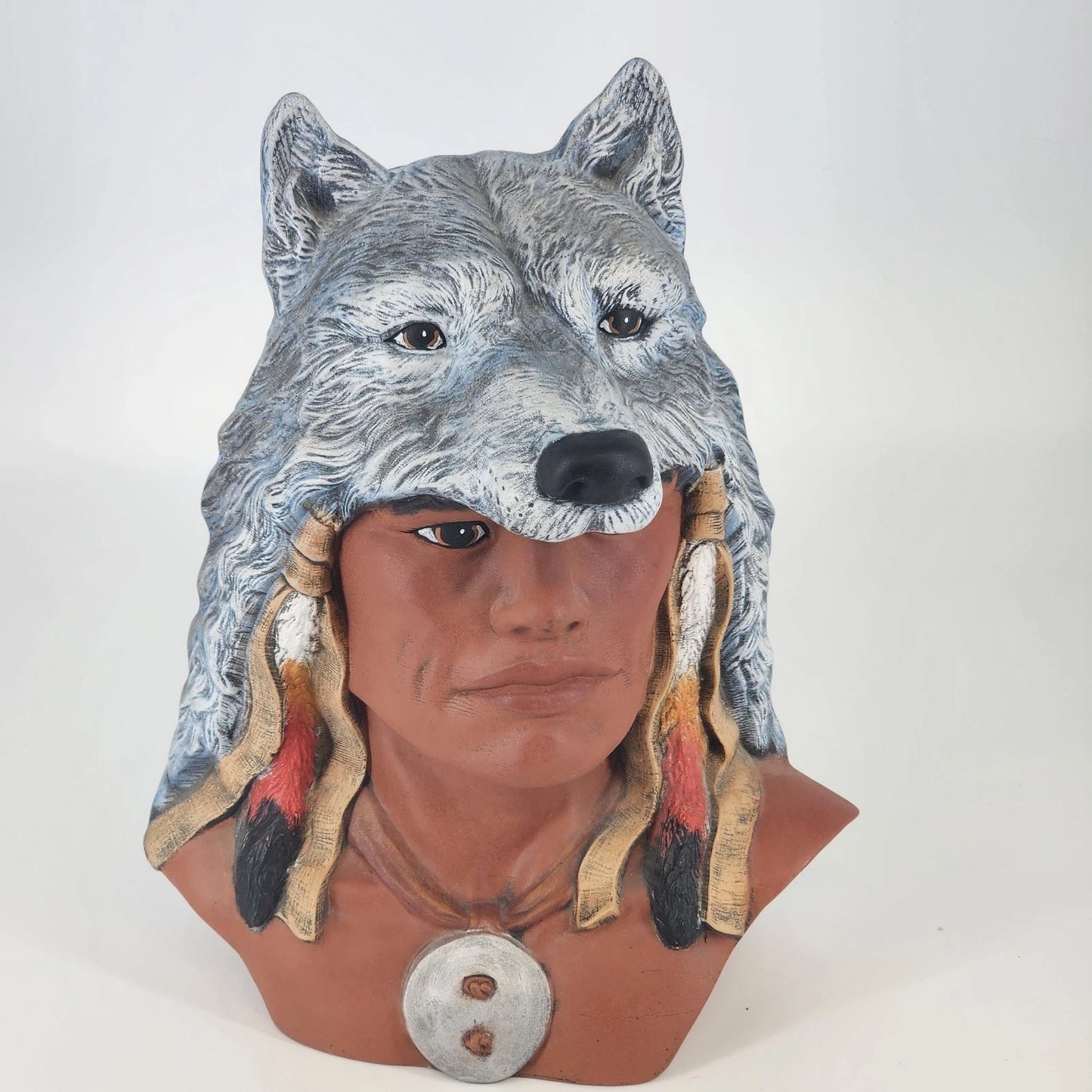 Native American Style Ceramic Bust Wolf Headdress Statue 11.5" Large Crystalline