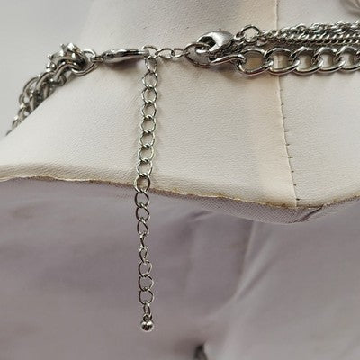Silver Tone Chains w Black White & Silver Tone Beads Three Strand Necklace 17"