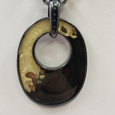 Black Chain with White Faux Pearl & Black Beads with Large Open Pendant Marbled