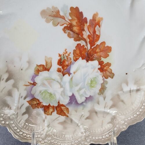 Leuchtenburg Decorative Porcelain Plate Scalloped Handles Ornate Rim White Roses