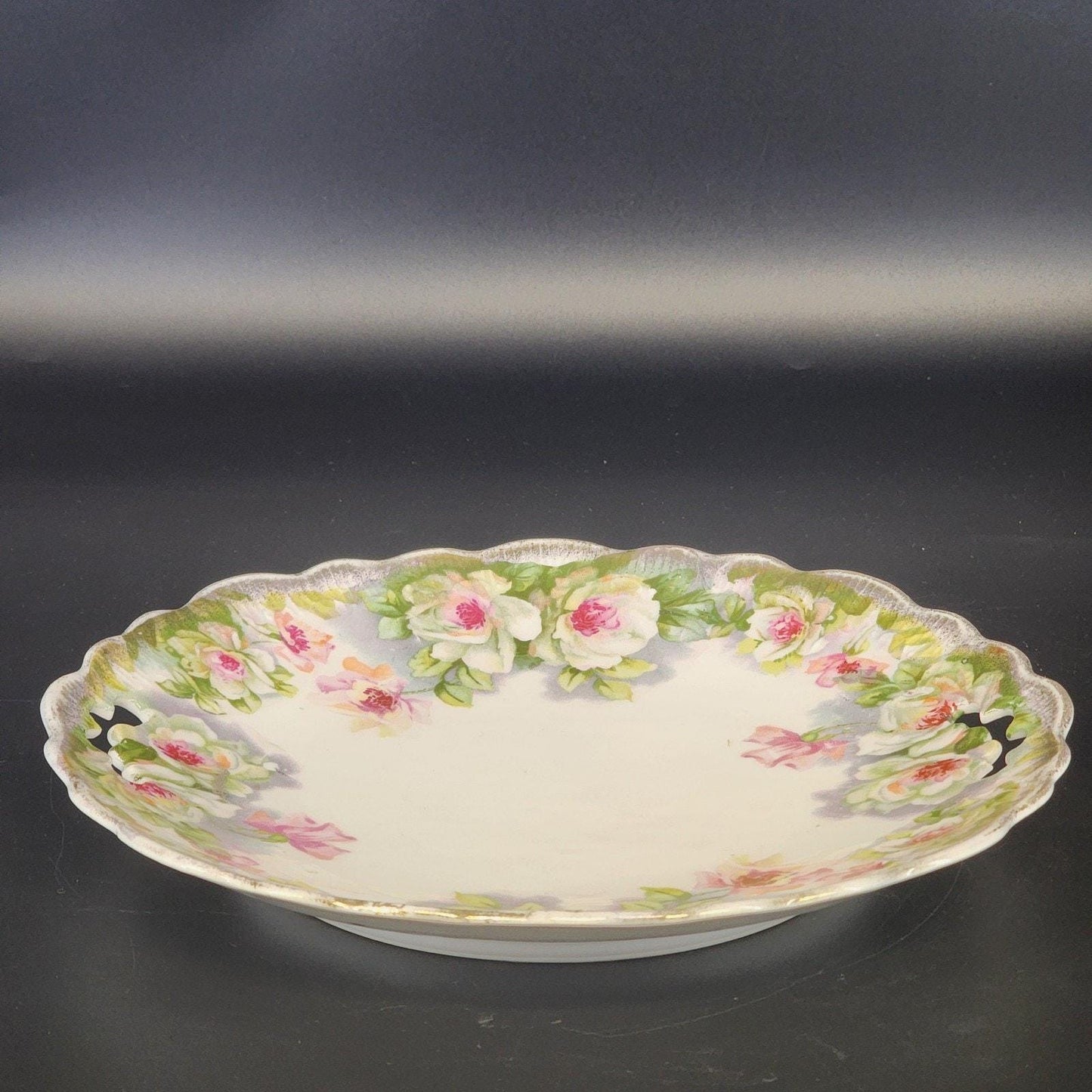 Limoges France Floral Plate Gold Trim Scalloped Handles 9.75 Inch Porcelain Serving Dish Antique