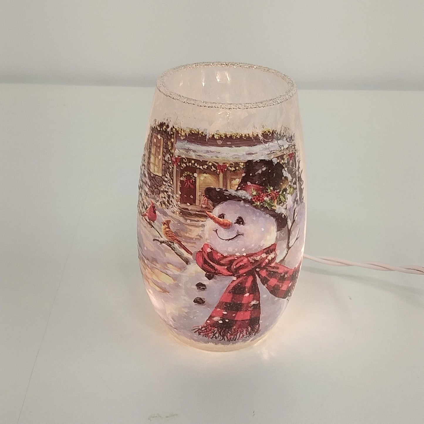 Frosted Glass Snowman Cardinal Winter Scene Vase Light Plug In Christmas 5.25"