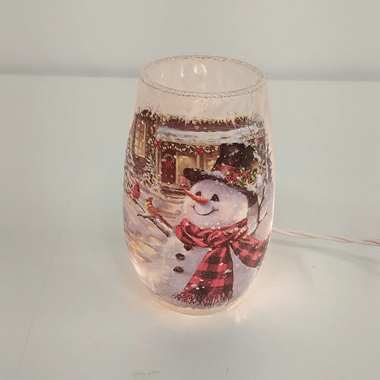 Frosted Glass Snowman Cardinal Winter Scene Vase Light Plug In Christmas 5.25"