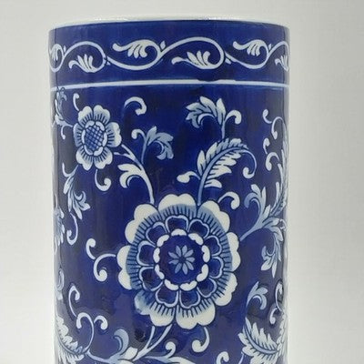 Pier 1 Import Porcelain Mandarin Cobalt Blue White Floral Utensil Holder Vase 8"