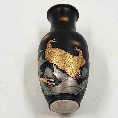 Vintage Kutani Japan Black Porcelain Vase – 8" Hand-Painted with 24K Gold Detailing, White Glazed Interior – Collectible Japanese Art Pottery