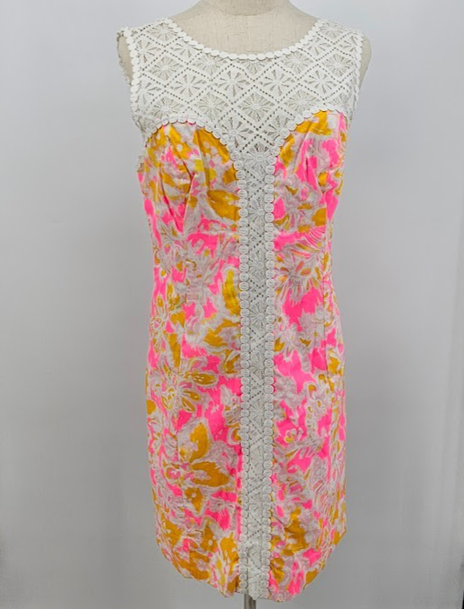 Lilly Pulitzer Sz 8 Pink White Lace Lined Back Zip Sleeveless Retro Dress