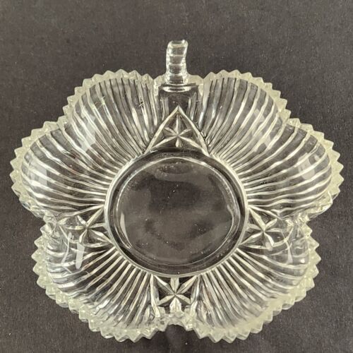 Clear Glass Nut/Candy Dish Shamrock Clover Leaf Shaped with Stem Ribbed Vintage