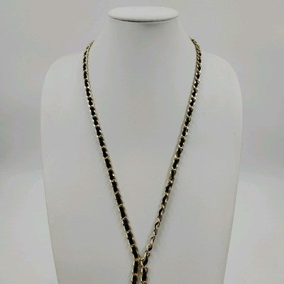 Gold Tone & Black Ribbon Chain w Black Faceted Beads Chain Tassels 48" Necklace