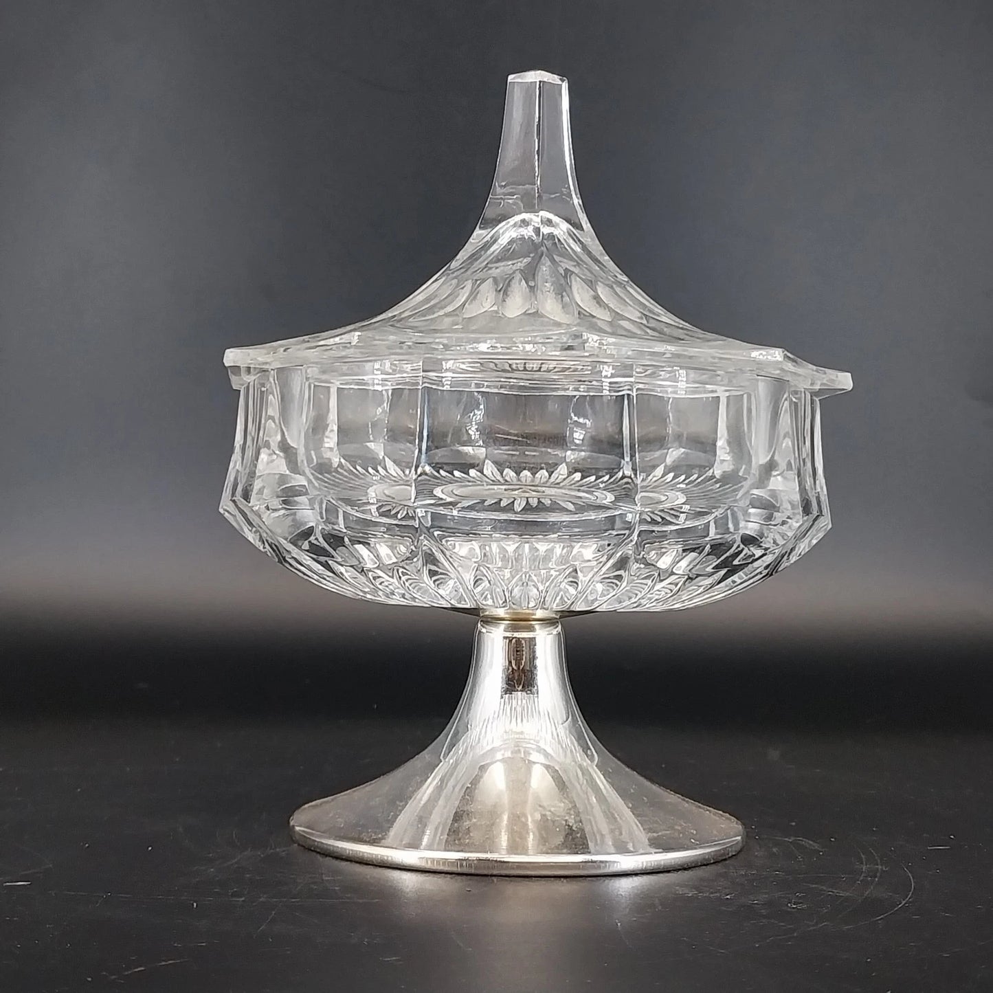 Heavy Glass Thumbprint Candy Dish Compote w Lid Silver Metal Base 7" Vintage
