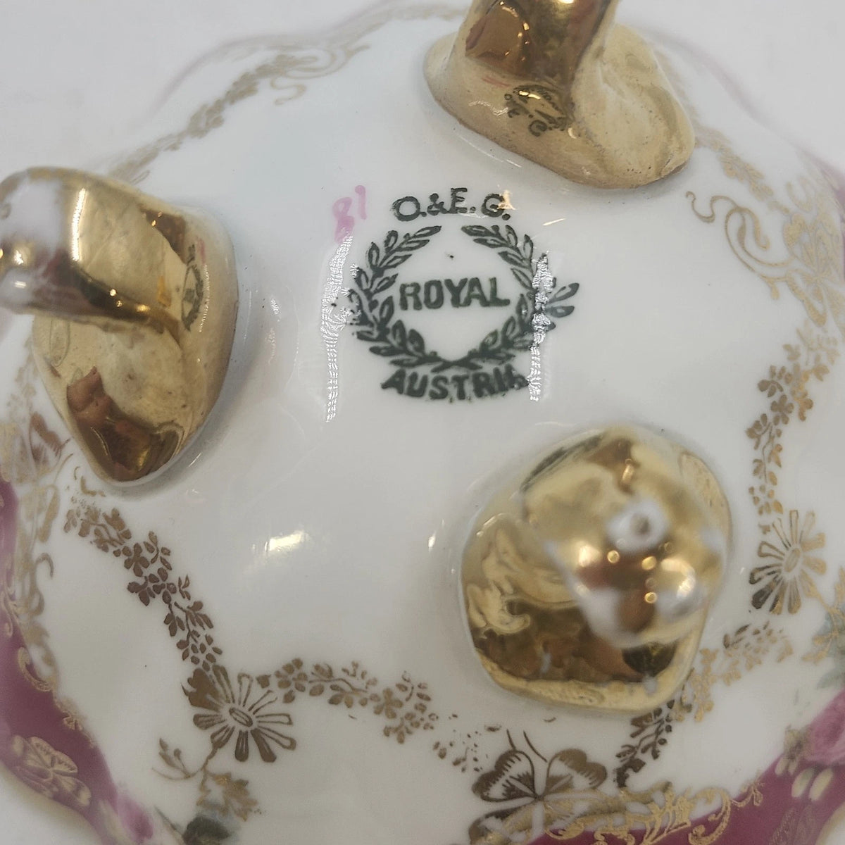 O&EG Royal Austria Porcelain Footed Bowl 3.75" Pink Gold Floral Scalloped Ribbed