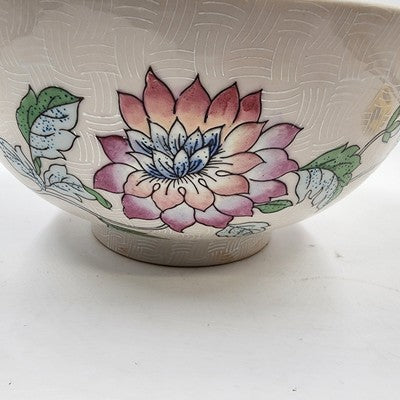 Macau Large Open Bowl 10"x4.5" Hand Painted Pink Blue Floral Design Vintage
