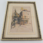 The Square Artwork Village Street Scene Colored Pencil Print Framed Matted 9.75"