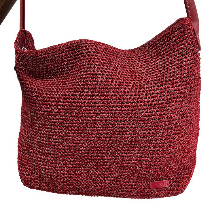 The Sak Red Woven Crochet Shoulder Bag Purse Leather Strap 12"x10"x6" Vintage