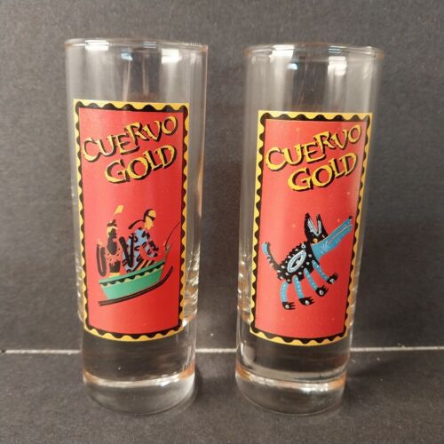 2 Collectible Tall Shot Glasses Cuervo Gold Mexican Art Red And Yellow