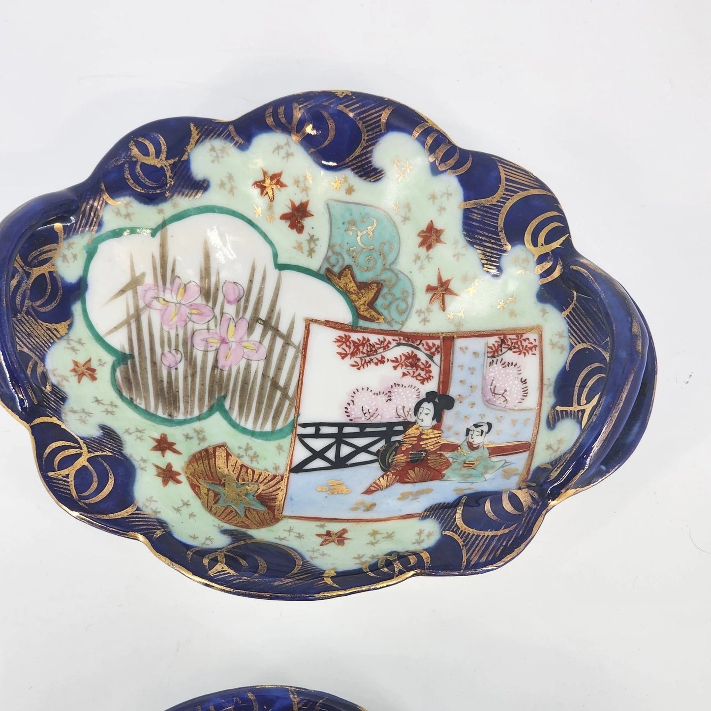2 Japanese Porcelain Oval Dishes Hand Painted Raised Cobalt Blue Handles 8"x6.5"