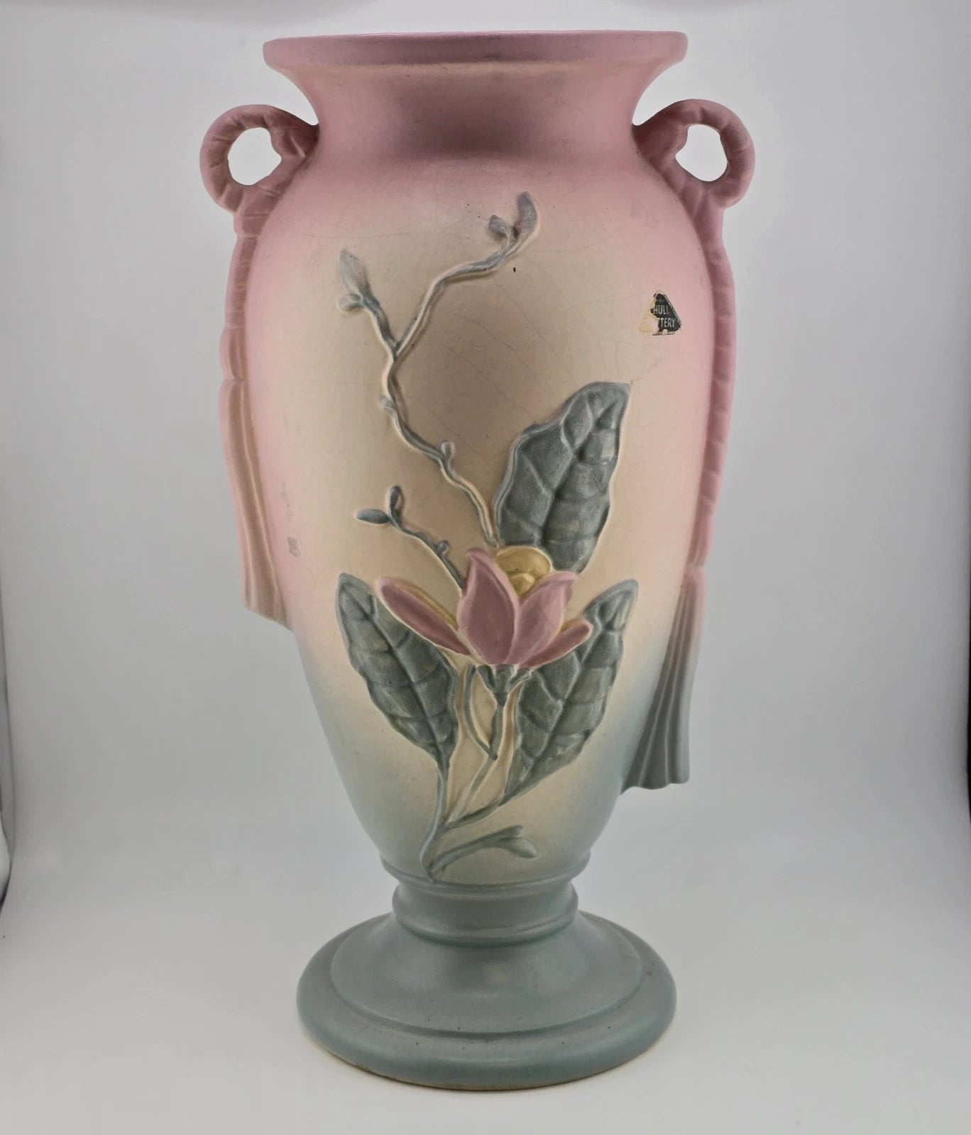Magnolia Trophy Vase Hull Art Pottery 12.5" Matte Pink Flower Tassel Handle
