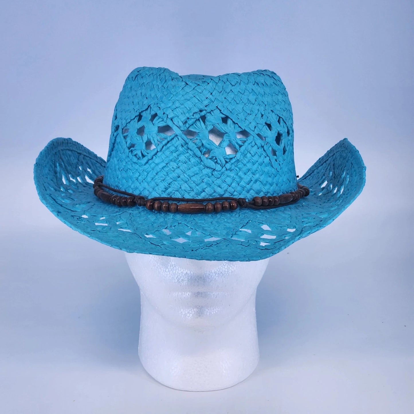 Something Special Turquoise Cowboy Hat Paper Straw Open Weave Brown Beads Boho