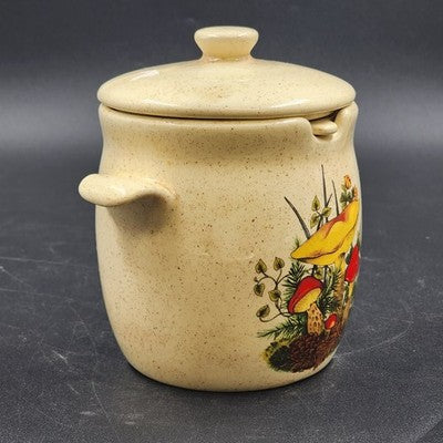 Ceramic Grease Drippings Jar w Lid Strainer Mushroom Homemade Pottery 1981 Vtg