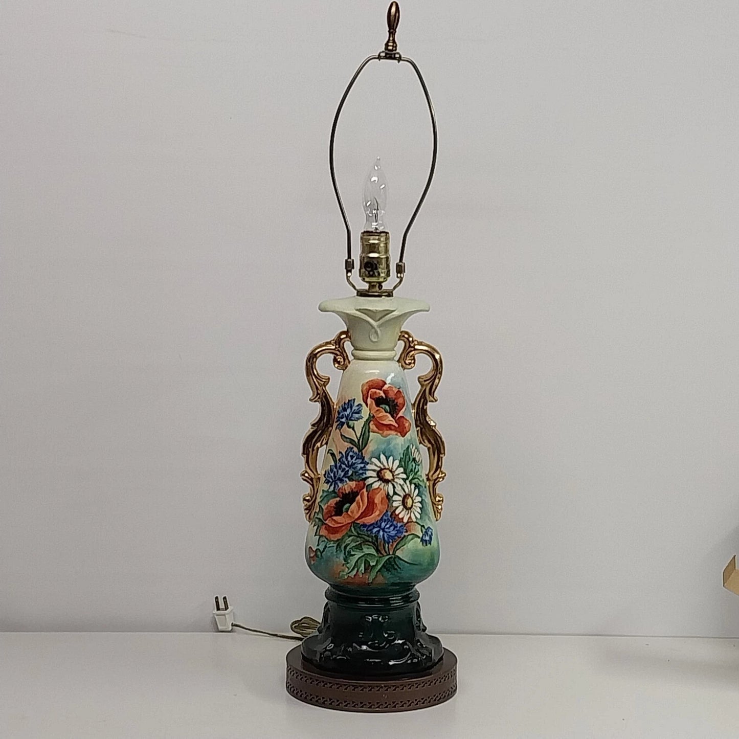 Hand Painted Urn Table Lamp Floral Pansy Gold Trim 30 Inch Vintage