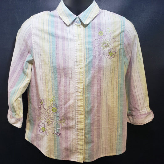Alfred Dunner Blouse Size 12 LS Button Down Shirt Light Pastels EmbroideryDesign