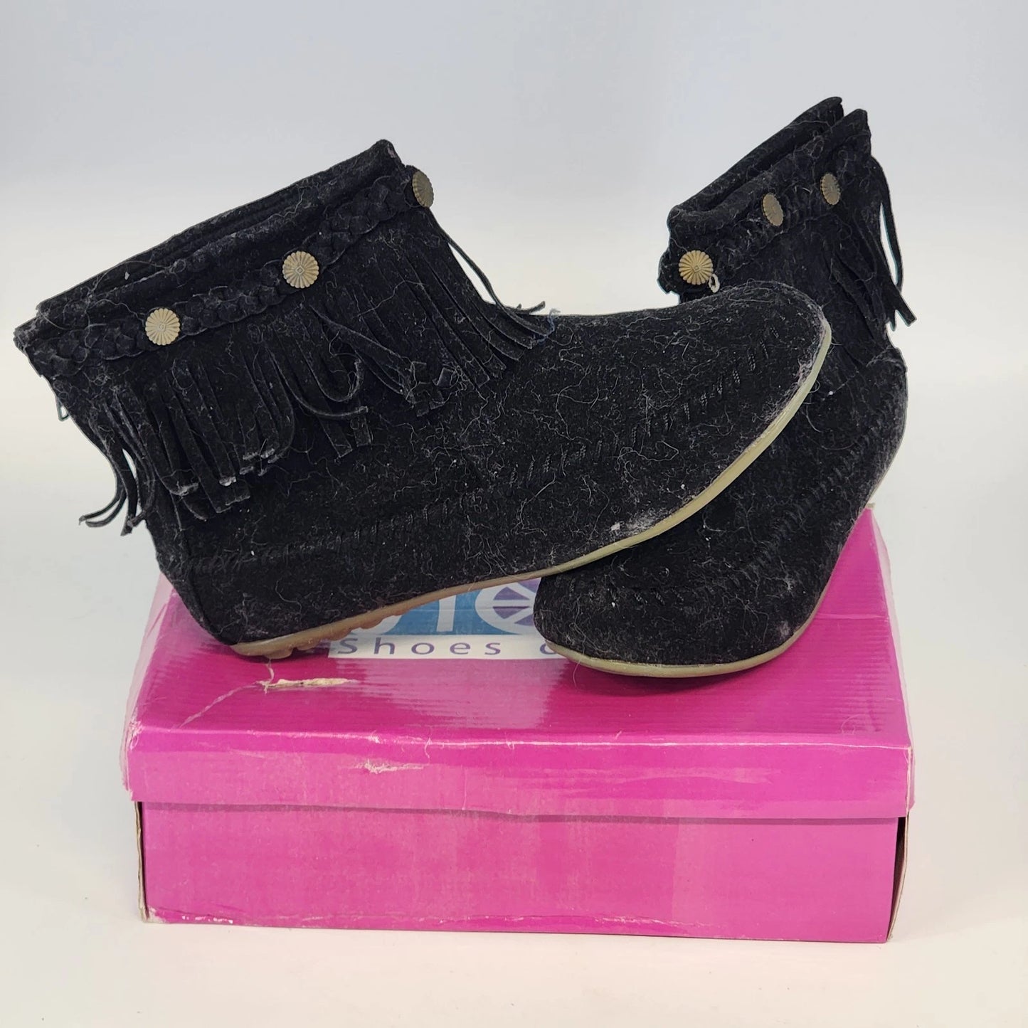 Shoes of Souls Black Fringe Moccasin Ankle Boots Women Size 9