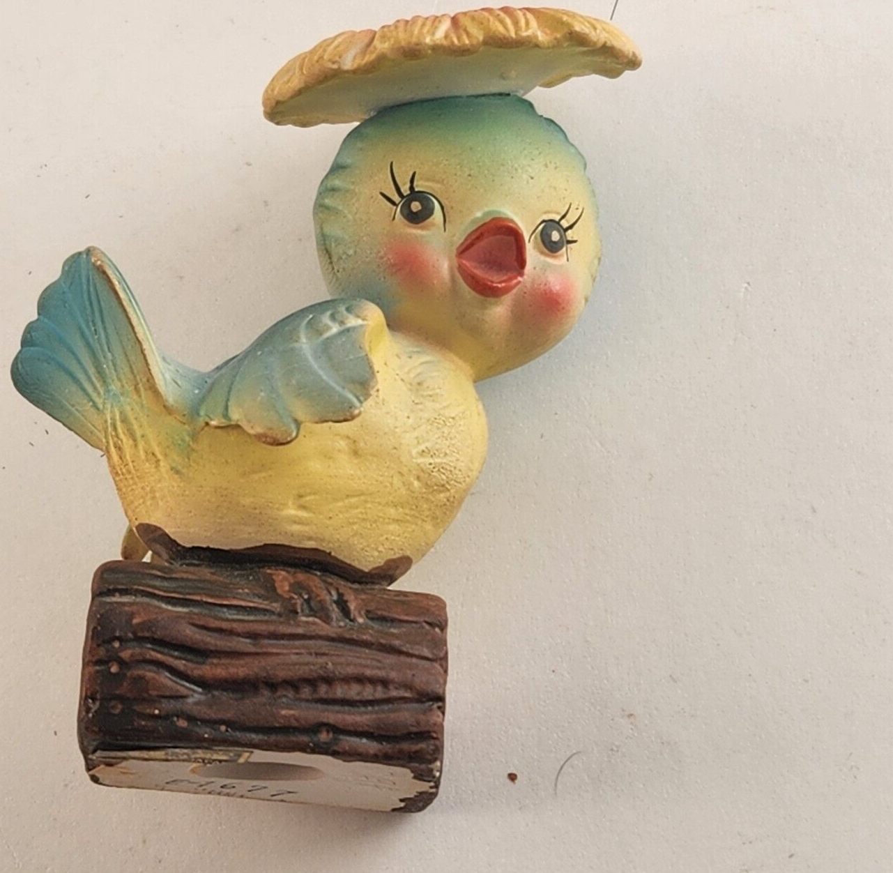 Inarco Bird on Log Figurine Japan Blue Yellow Porcelain Flower Hat 4¼" # E-1677