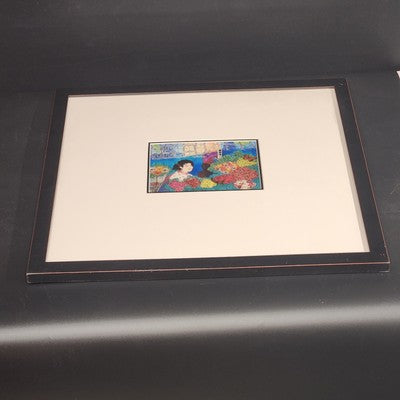 Asian Lady in Flower Shop Art Print 7x5" White Matted Black Wood 20.5"x19" Frame