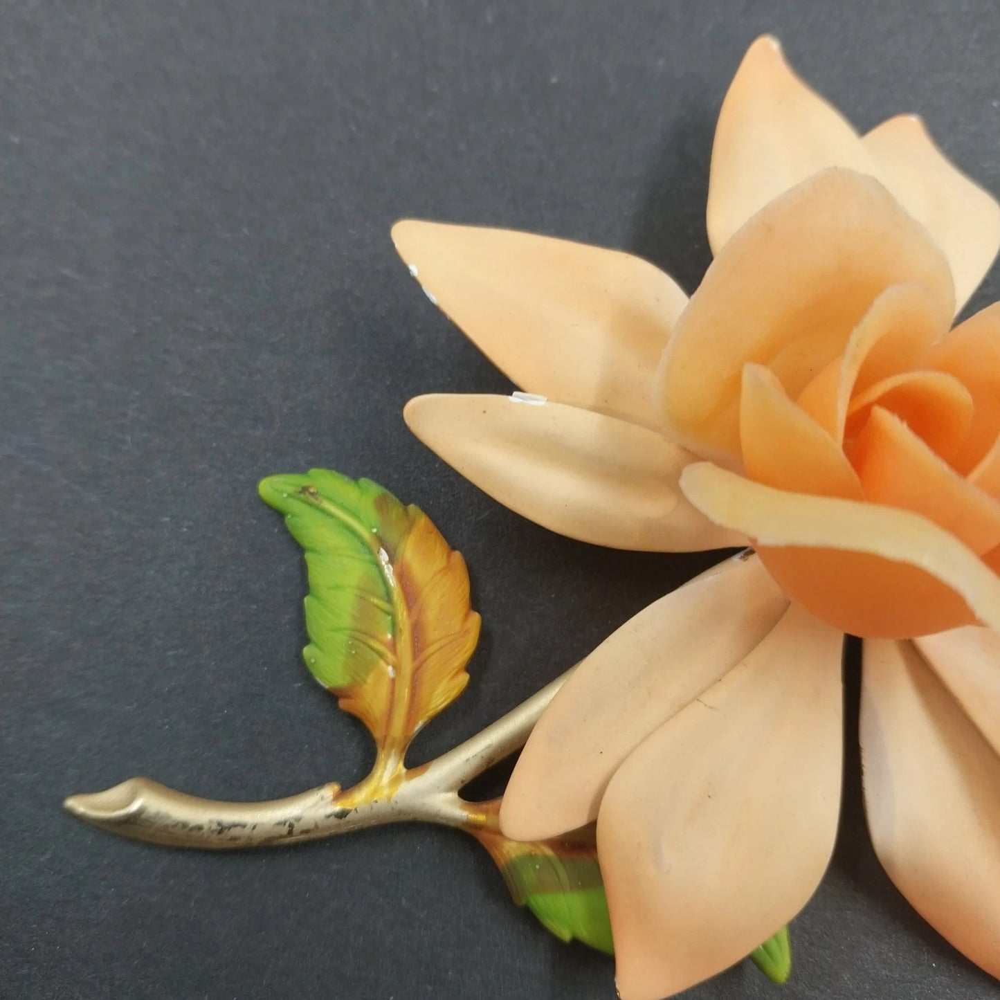 Orange Fabric Rose Brooch Gold Tone Stem Green Enamel Leaves Vintage