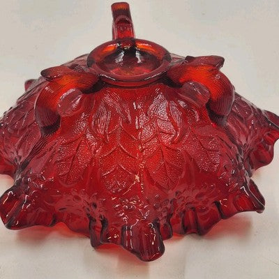 Fenton Ruby Red Glass Bowl 8" Wide Leaf Flowers Footed Dish Ruffled Edge