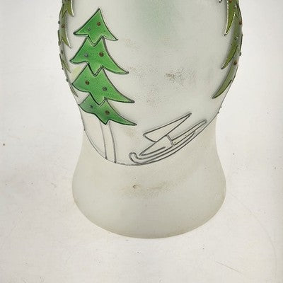 Glass Hurricane Candle Chimney 13"x6" Frosted w Hand Painted Christmas Pine Tree