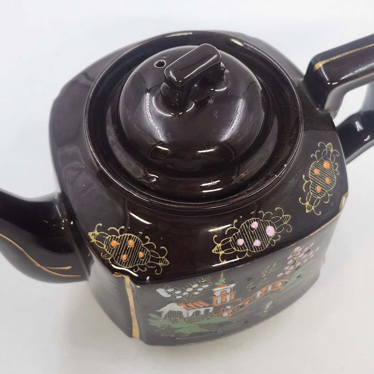 Japan Brown Ceramic Teapot Hand Painted Asian Landscape Gold Trim 6"h Lid Handle