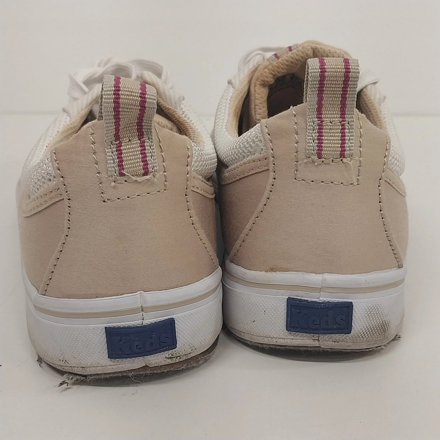 Keds Canvas Sneakers Women Size 8.5 Tan Plum Lace Up Ticking Stripe Casual Shoes