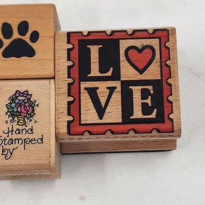 4 Wood Rubber Hand Stamps Love Theme Dog Footprint Flower Heart USA