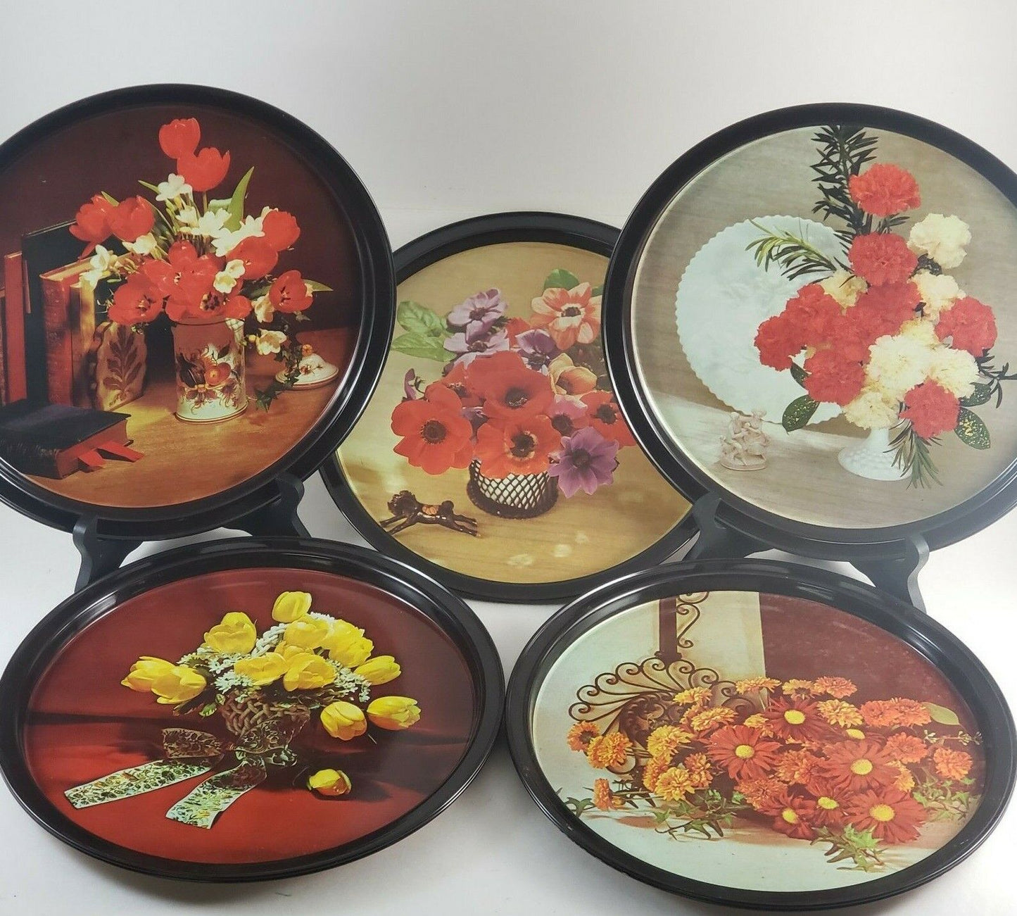 7 pc Serving Mid-century Trays Metal Copper 1960’s Party Flower Mod Safeway 10"