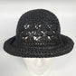 Women's Black Crochet Straw Cloche Hat Rolled Brim Cut Out Open Weave One Size