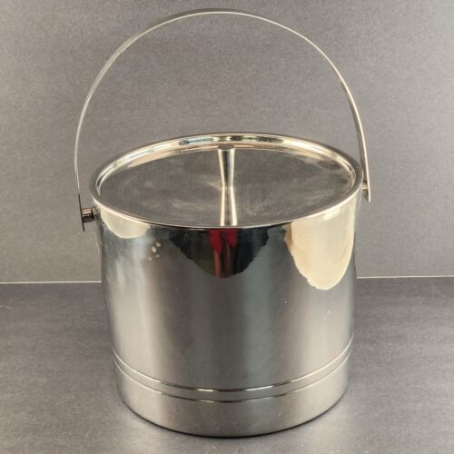 Ice Bucket With Lid and Handle Stainless Steel Unmarked Vintage Two Piece