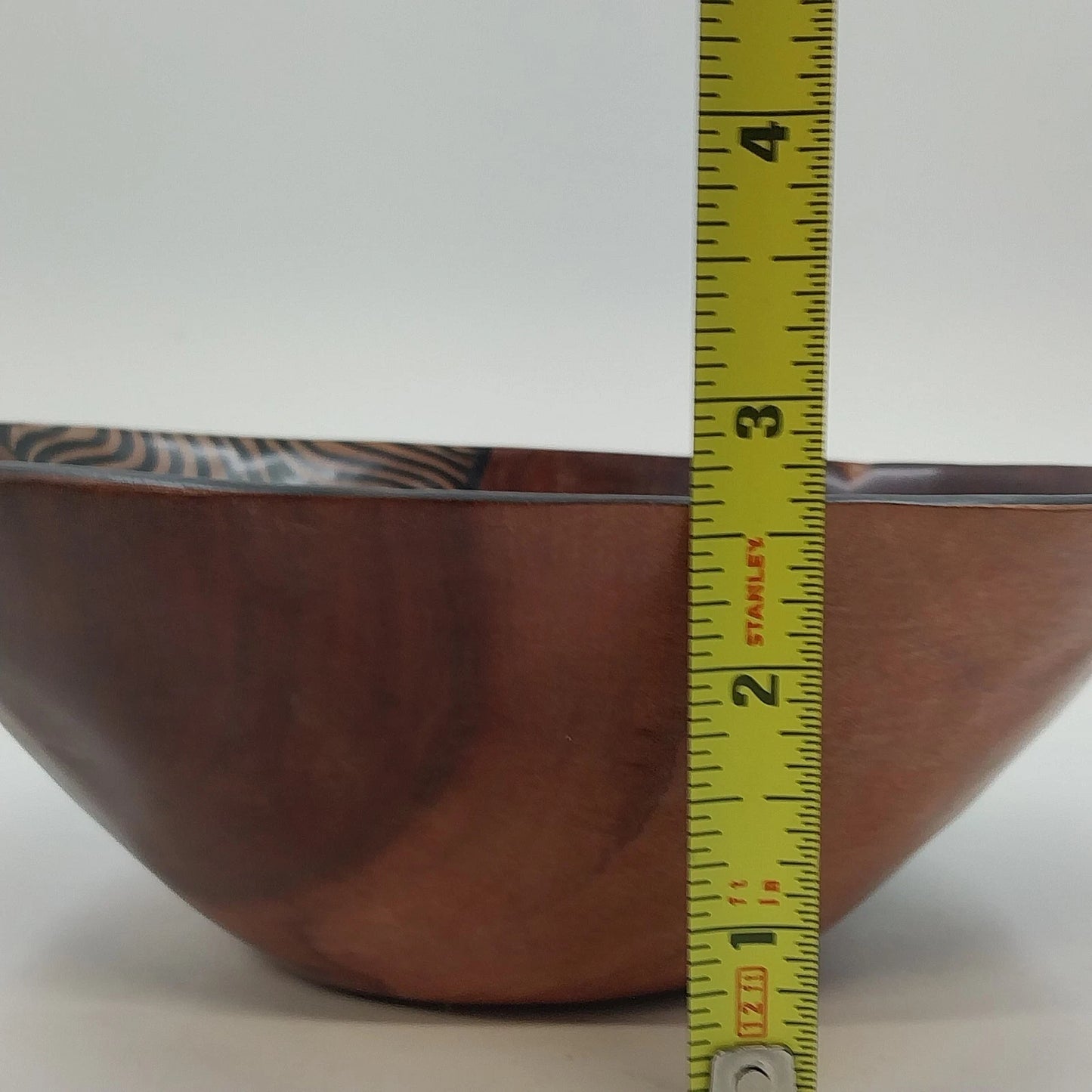 Zimbabwe Hand Carved Olive Wood Bowl 7" African Batik Animal Print Varnished Vtg