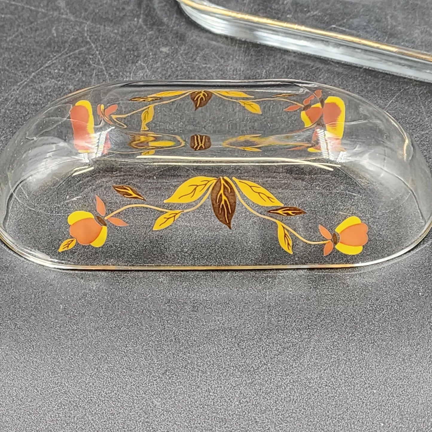 Autumn Leaf Glass Covered Butter Dish 1/4 Lb Hall's Superior Jewel Tea MCM Vtg