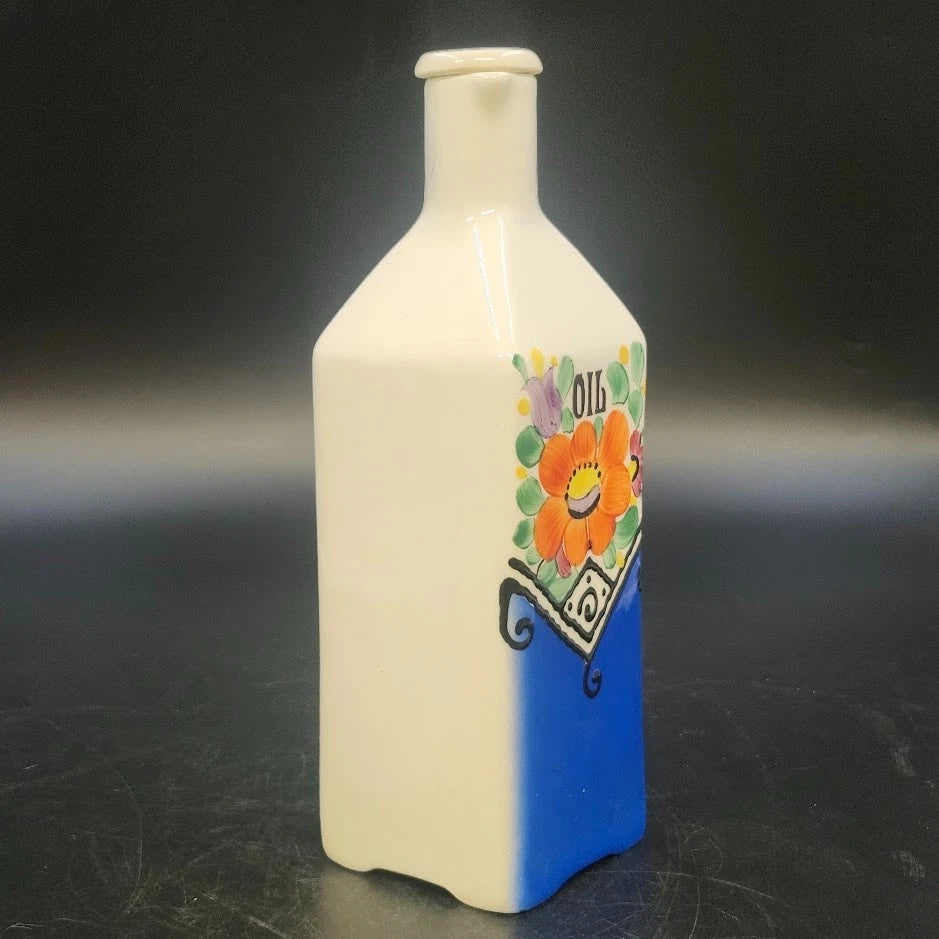 Czechoslovakia Oil Cruet Hand Painted Floral Blue Orange Ceramic with Lid Handle
