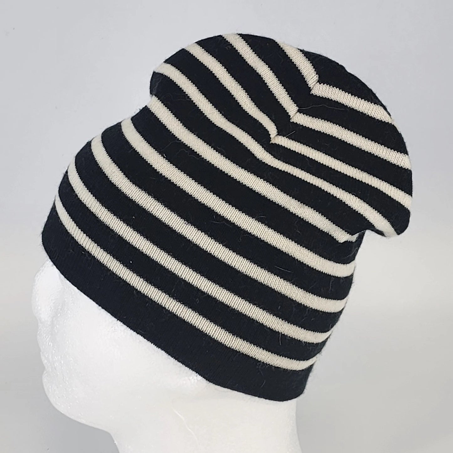 Black White Striped Knit Beanie Hat One Size Unisex Handcrafted Style Winter Cap