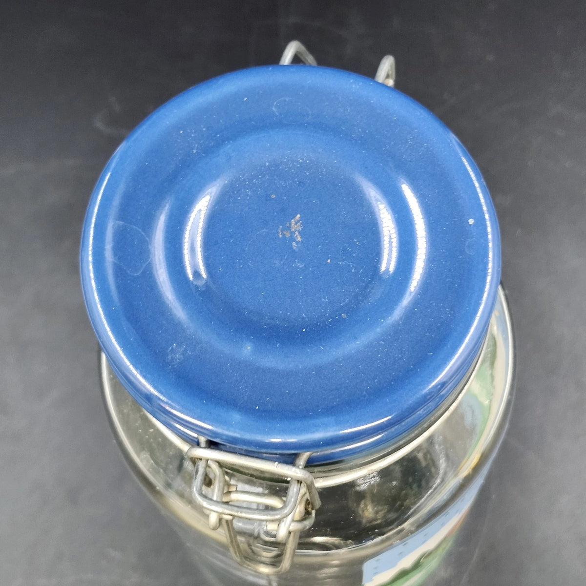 Anchor Hocking Nina Farm Scene Sheep Glass Canister Blue Lid 1982 Vintage