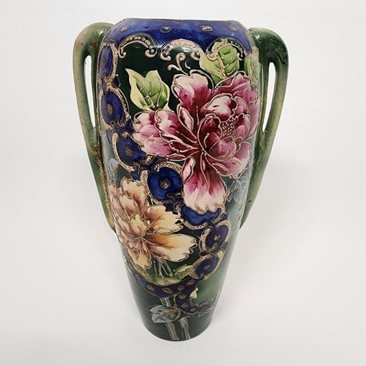 Emerald Green Cloisonne Enamel Floral Vase Blue Trim Skinny Handles 12.75" Vtg