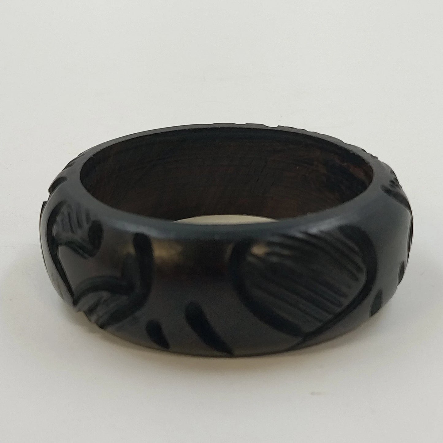 African Hand Carved Wood Wide Bangle Bracelet 2.5" Black Animal Design Tribal