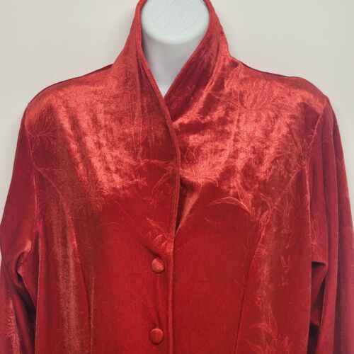 Red Long Sleeve Velour Fitted Blazer With Etched Floral Pattern Size Large Vtg