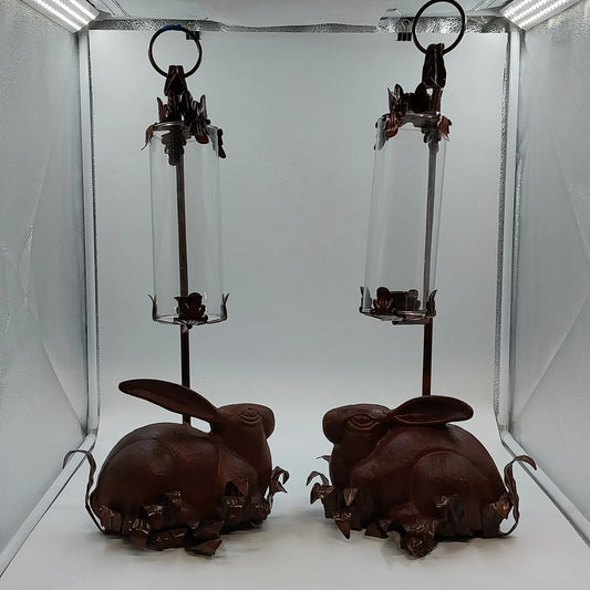 Red Cast Iron Rabbit Votive Candle Holders Chimney Wall Sconces 23" Vintage