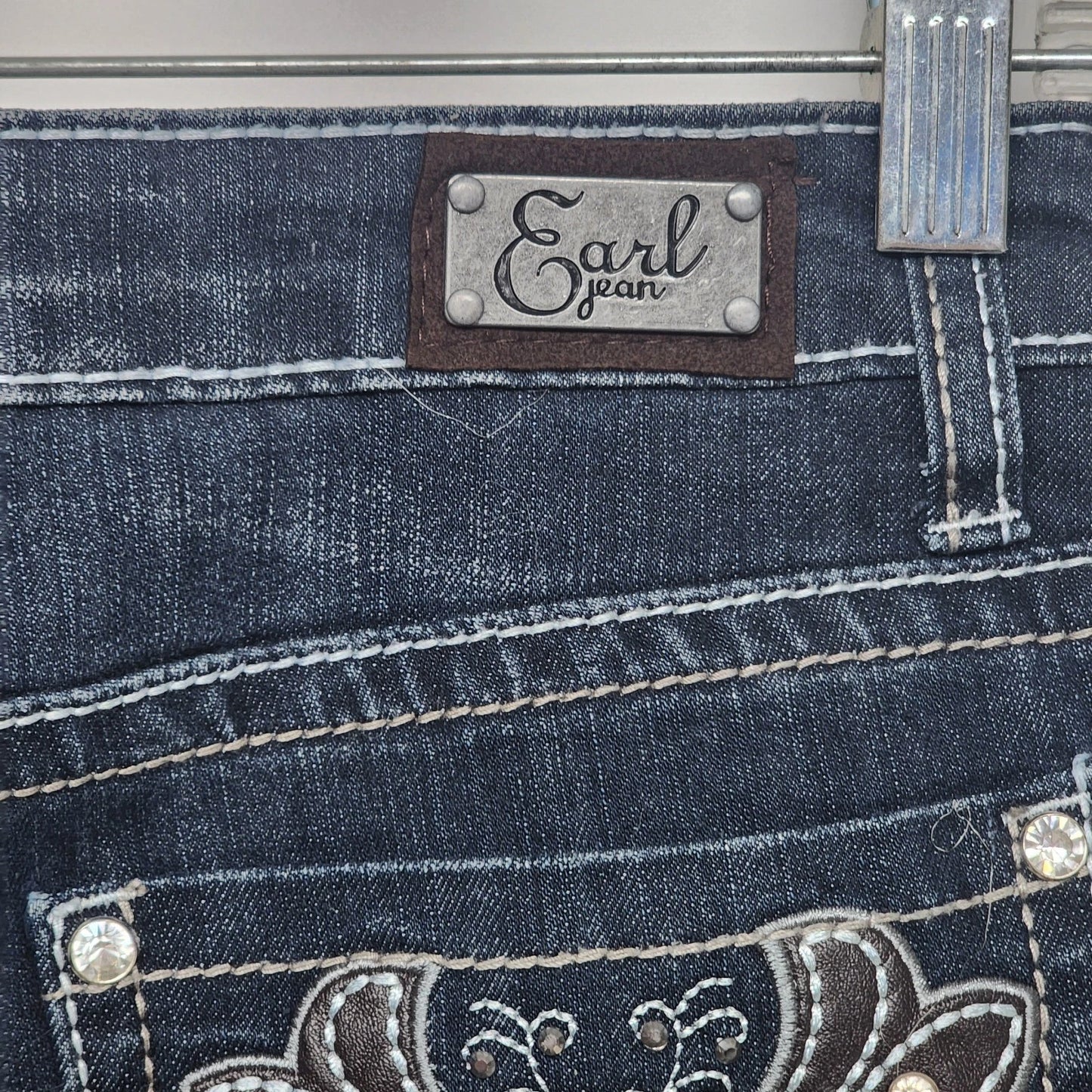 Earl Jean Women's Denim Jeans Dark Blue Bedazzled Rhinestone Pockets Inseam 31"