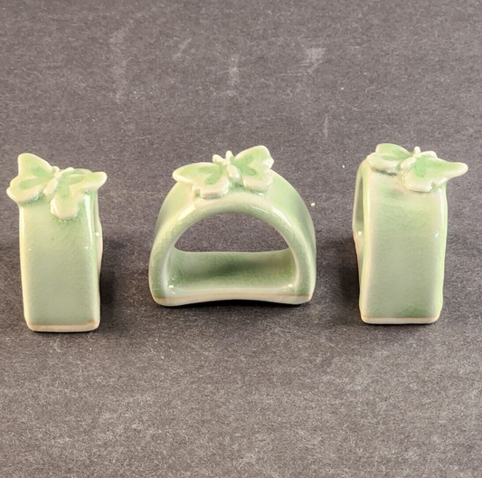 3 Thai Celadon Ceramic Green Butterfly Pattern Vintage Oval Napkin Rings