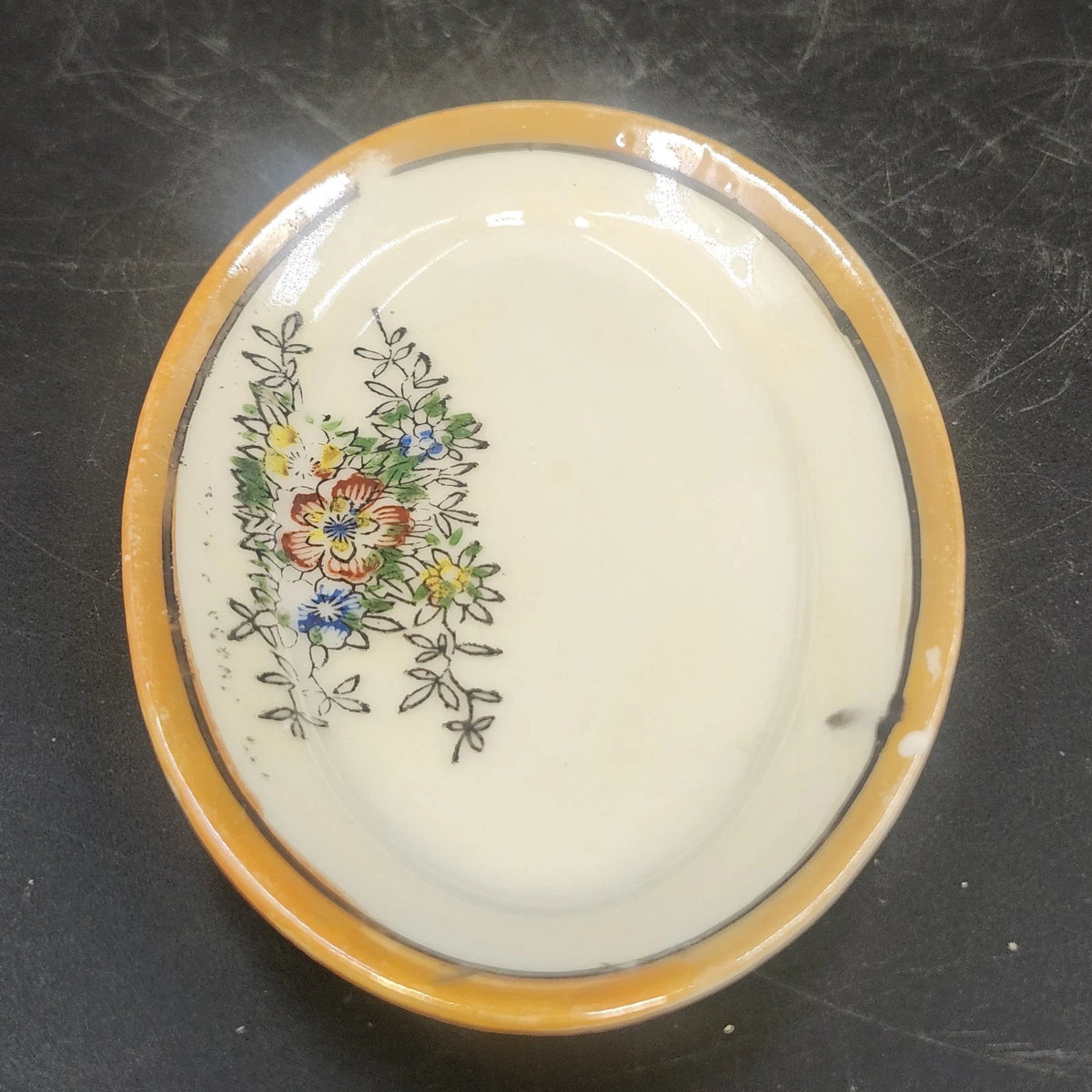 Porcelain Oval Serving Dish 5" Hand Painted Floral Orange Black Trim Japan