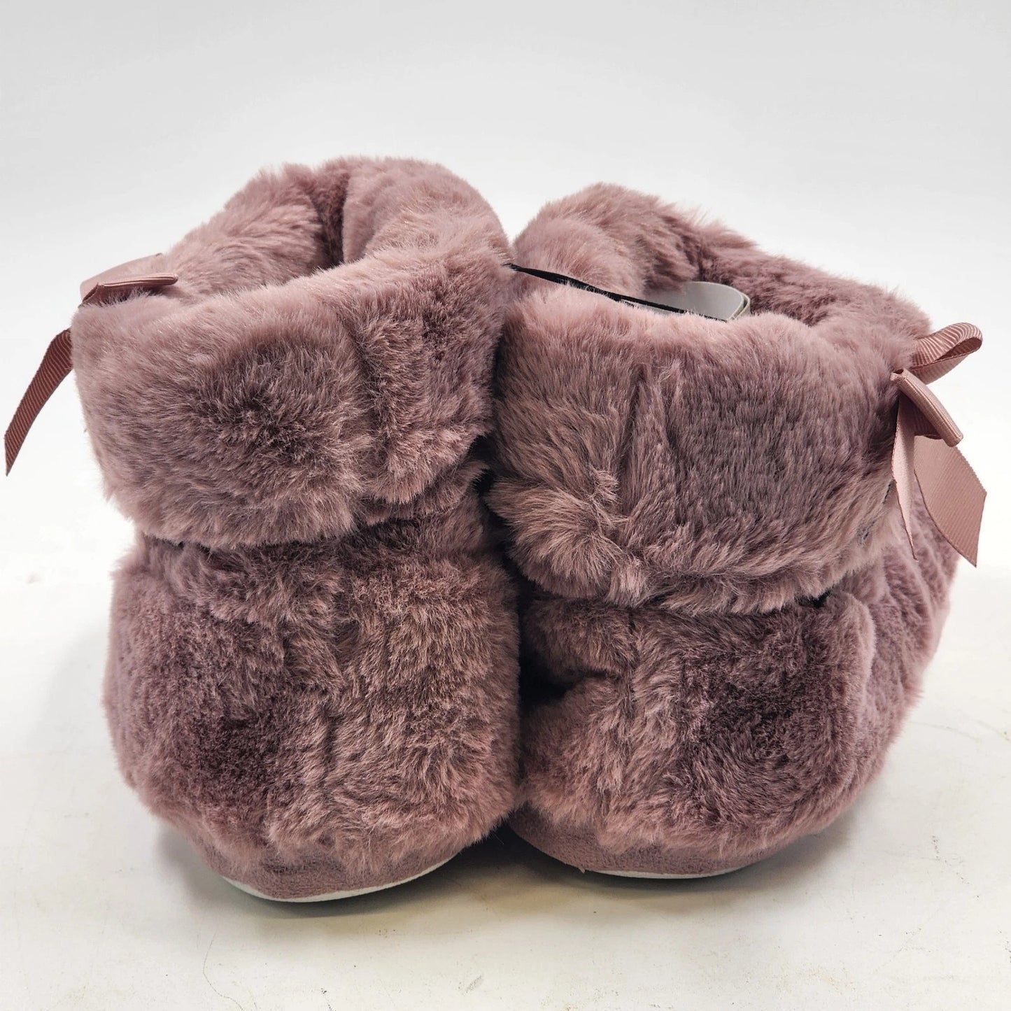 Faux Fur Slippers Pull-On Bootie Women's Dirty Pink Size Medium 7-8 with Ribbon