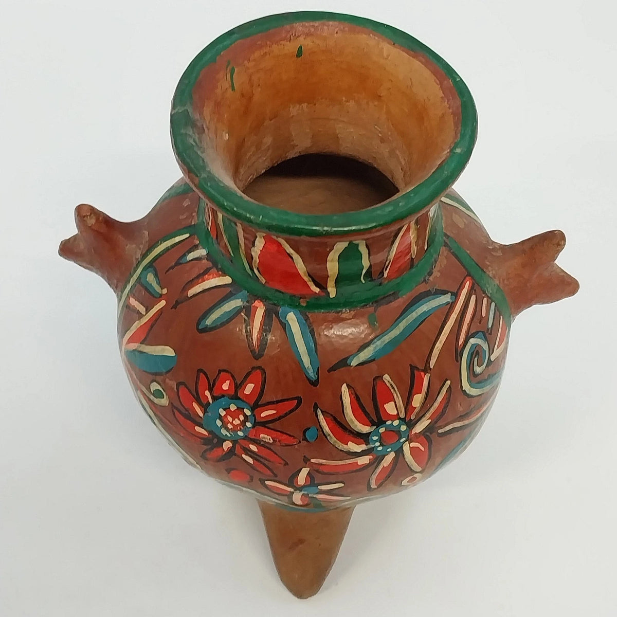 Hand Painted Floral Terracotta Tripod Vase Mexican Pottery Brown Multicolor 6.3"